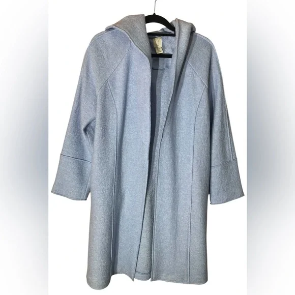 JOIE Medium Women Blue Wool Blend Hooded Open Front Stylish Midi Trench Overcoat - Picture 2 of 10